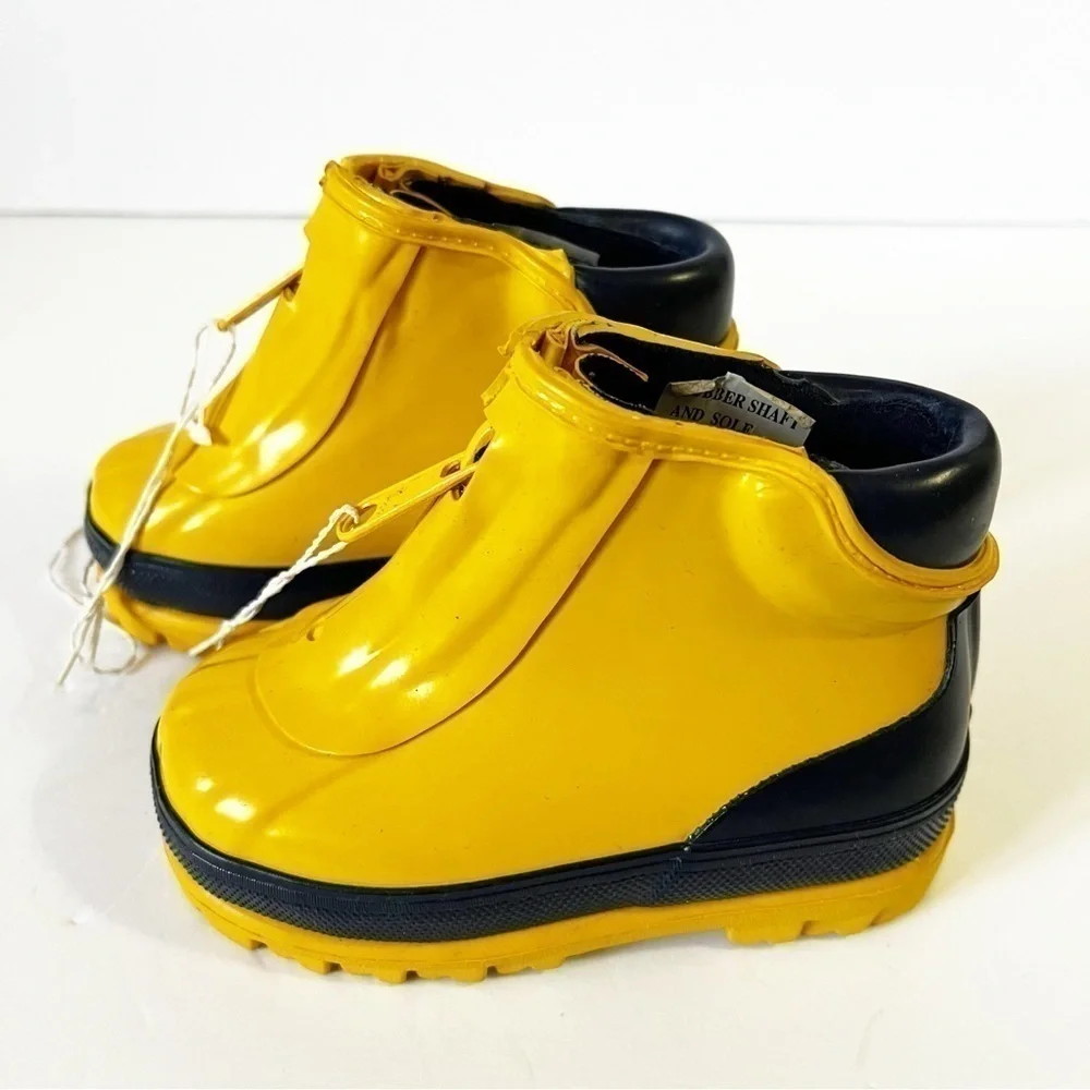 Boys Girls Yellow Zipper Front Rain Boots Unisex Kids Sz 6 Navy Blue Lined NEW